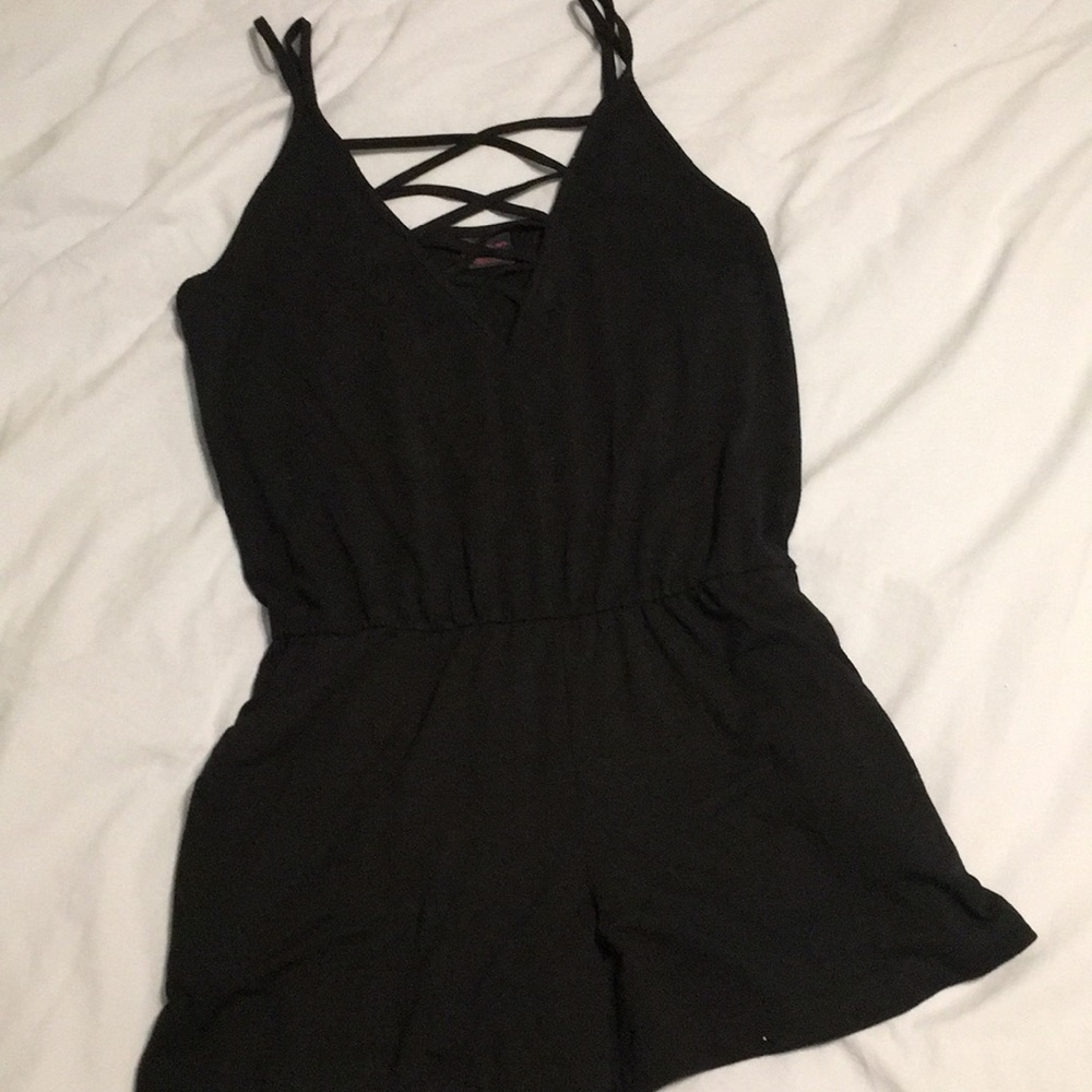 Black Romper with Criss-Cross V-neck and Pockets